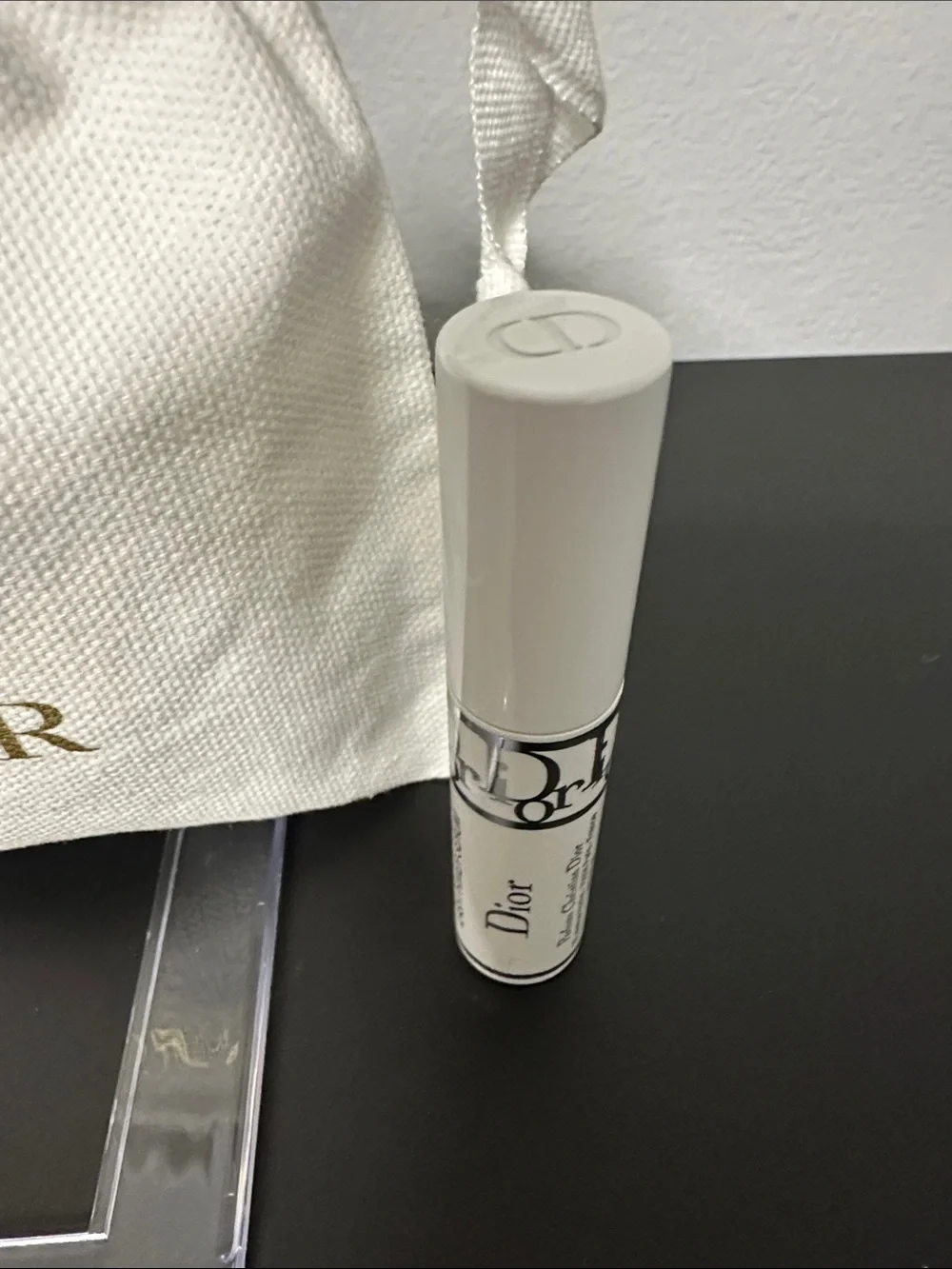 Dior White Drawstring Pouch w Gold Logo and 3D Base Serum Mascara